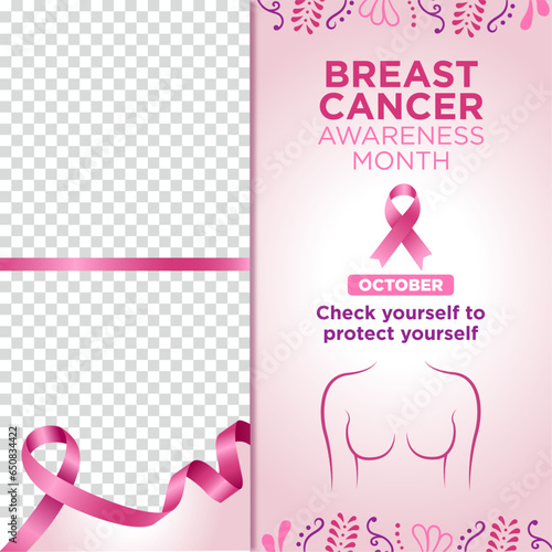 Banner plantilla del Día Internacional de lucha contra el Cáncer de mama, con listón rosa, marco para fotografía