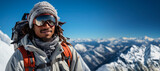 Portrait of a very warm smiling African American man in a coat and wool cap wearing snow goggles and a large backpack on top of a snowy mountain.