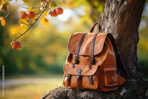 backpack in the park under a tree. Back to school, education concept