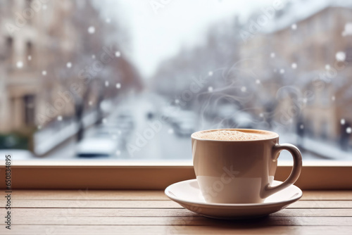 a cup of hot coffee on the windowsill with the city in the background. Copyspace for text
