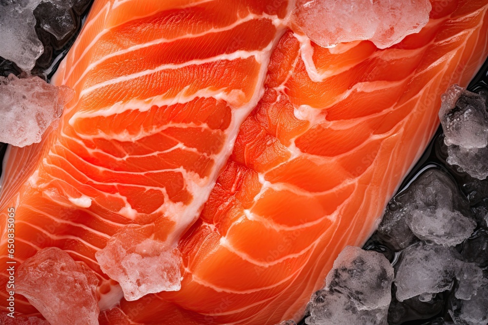 Fotografie Fresh salmon meat on ice. Generative Ai