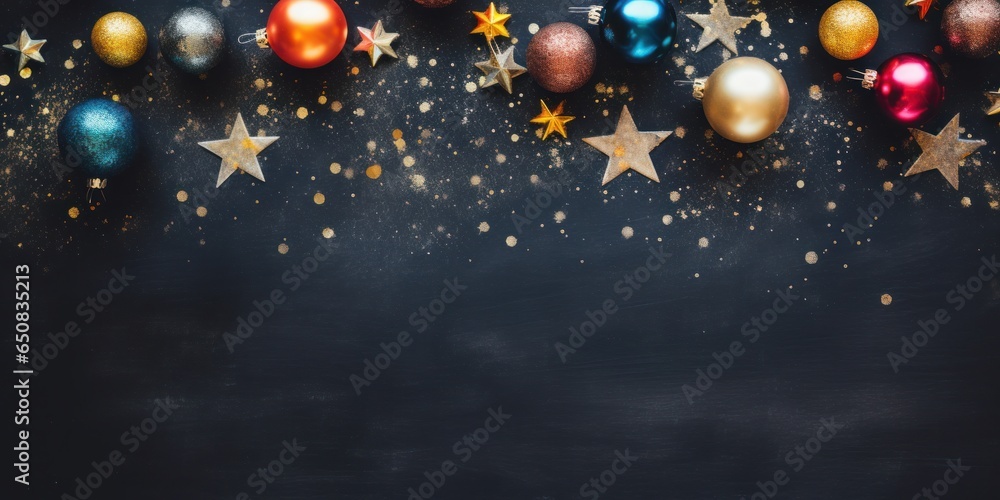 Merry Christmas, greeting card, Christmas balls and stars on dark table, top view, background, space for text - obrazy, fototapety, plakaty 