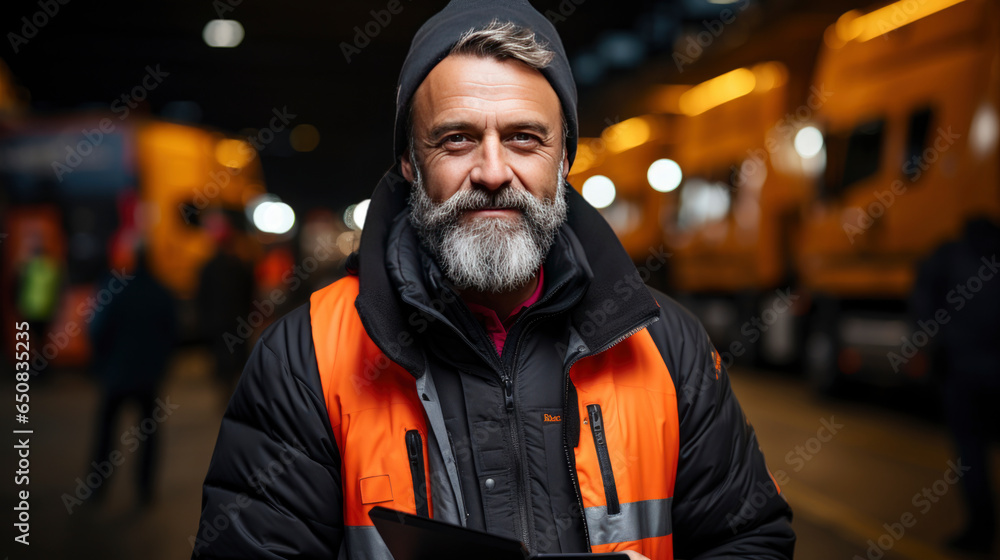 portrait of driver on background of trucks. transportation concept. logistic and service style. banner portrait of driver on background of trucks. transportation concept. logistic and service style. banner
