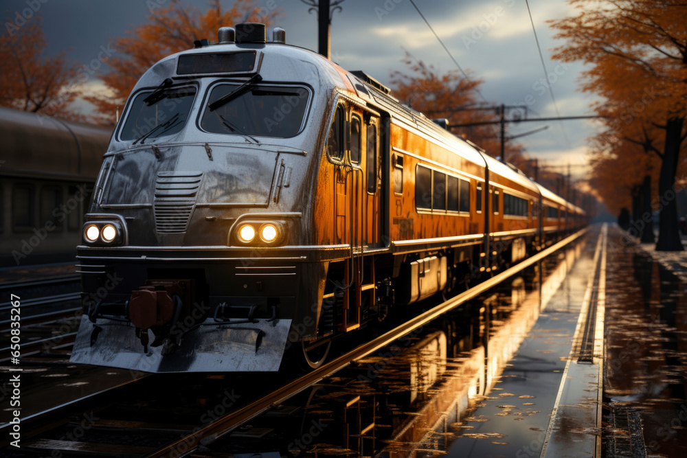 Fototapeta premium public transport concept. Electric train arriving at the stop