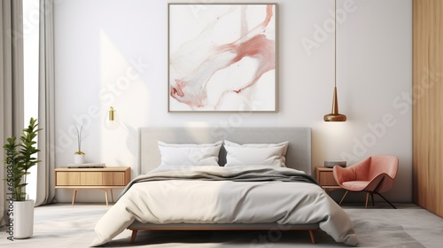 A Mockup poster blank frame, tastefully positioned on a marble wall, adding an element of modern artistry above a modern bed, in perfect harmony with carefully curated furniture in a modern living roo
