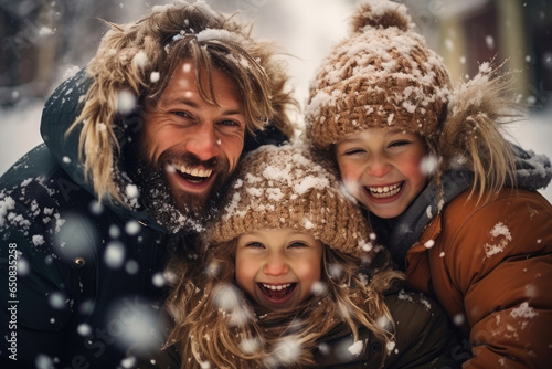 young funny family in winter snowy day