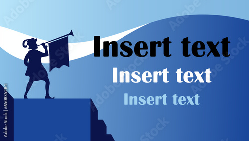 advertisement banner with heralds trumpet on blue landscape background