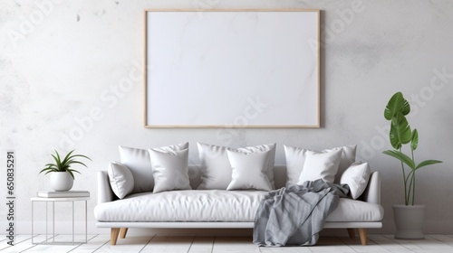 A Mockup poster blank frame, tastefully positioned on a marble wall, elevating the aesthetics of a modern bed, in perfect harmony with thoughtfully chosen furniture in a modern living room. Presented 