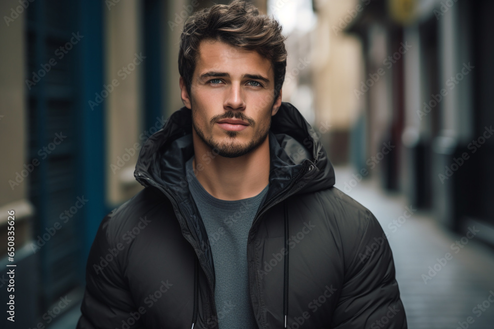 Fashion and lifestyles concept. Beautiful and happy young man close-up outdoors street portrait. Gorgeous model man with beard looking at camera. Urban blurred background. Generative AI Fashion and lifestyles concept. Beautiful and happy young man close-up outdoors street portrait. Gorgeous model man with beard looking at camera. Urban blurred background. Generative AI