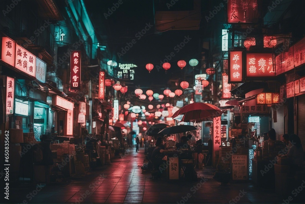 Night in an Asian street of an overpopulated metropolis - obrazy, fototapety, plakaty 