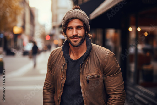 Fashion and lifestyles concept. Beautiful and happy young man close-up outdoors street portrait. Gorgeous model man with beard looking at camera. Urban blurred background. Generative AI photo
