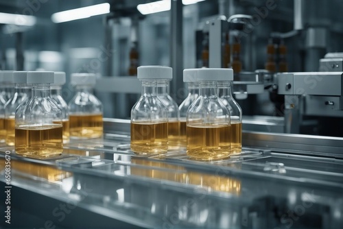 Pharmaceutical manufacture background with glass bottles with clear liquid in small packing