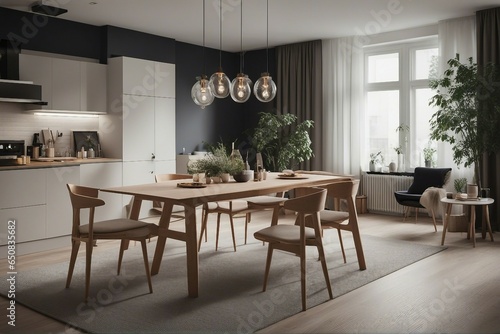Studio apartment with dining table and chairs. Scandinavian interior design of modern dining room. © FrameFinesse