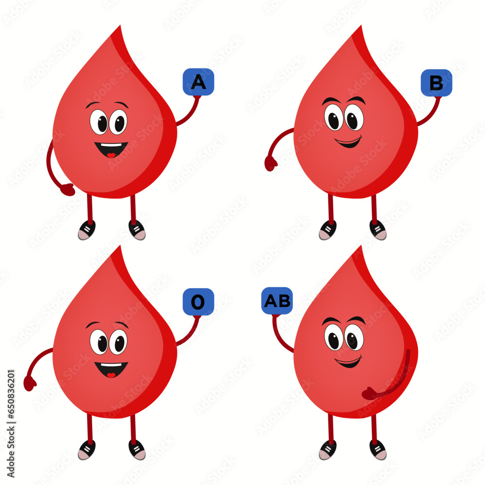 Cute happy healthy smiling blood drop character, Vector modern trendy flat style cartoon illustration icon design, Isolated on white background, Blood type Cute happy healthy smiling blood drop character, Vector modern trendy flat style cartoon illustration icon design, Isolated on white background, Blood type