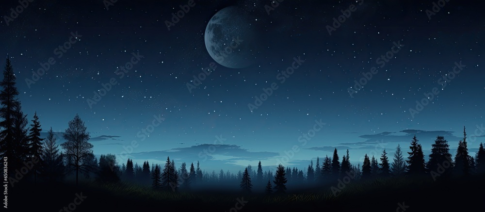 Nighttime forest with a starry sky and full moon above creating a serene ambiance Nighttime forest with a starry sky and full moon above creating a serene ambiance