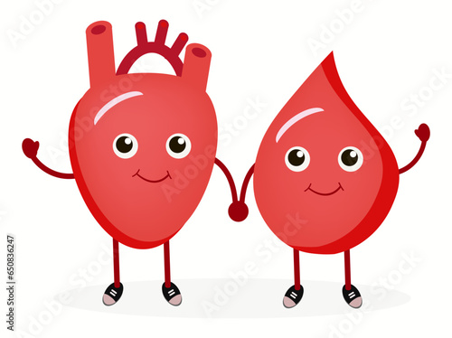Cute happy smiling blood drop and heart organ friends character. Vector modern trendy flat style cartoon illustration icon design