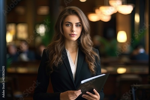 Confident and successful young business woman with a folder in her hands.