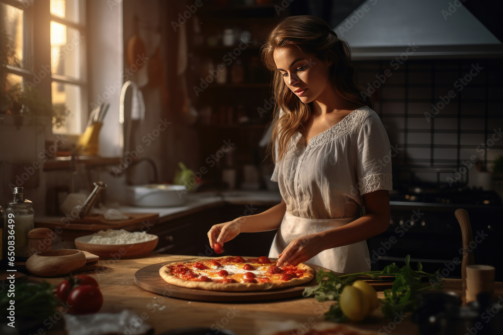 A young woman prepares healthy and tasty pizza in a modern kitchen.