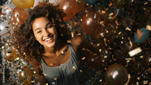 top down view portrait of a young curly hair brunette woman celebrating at a party with gold confetti background , happy celebration , happy smiling at camera 