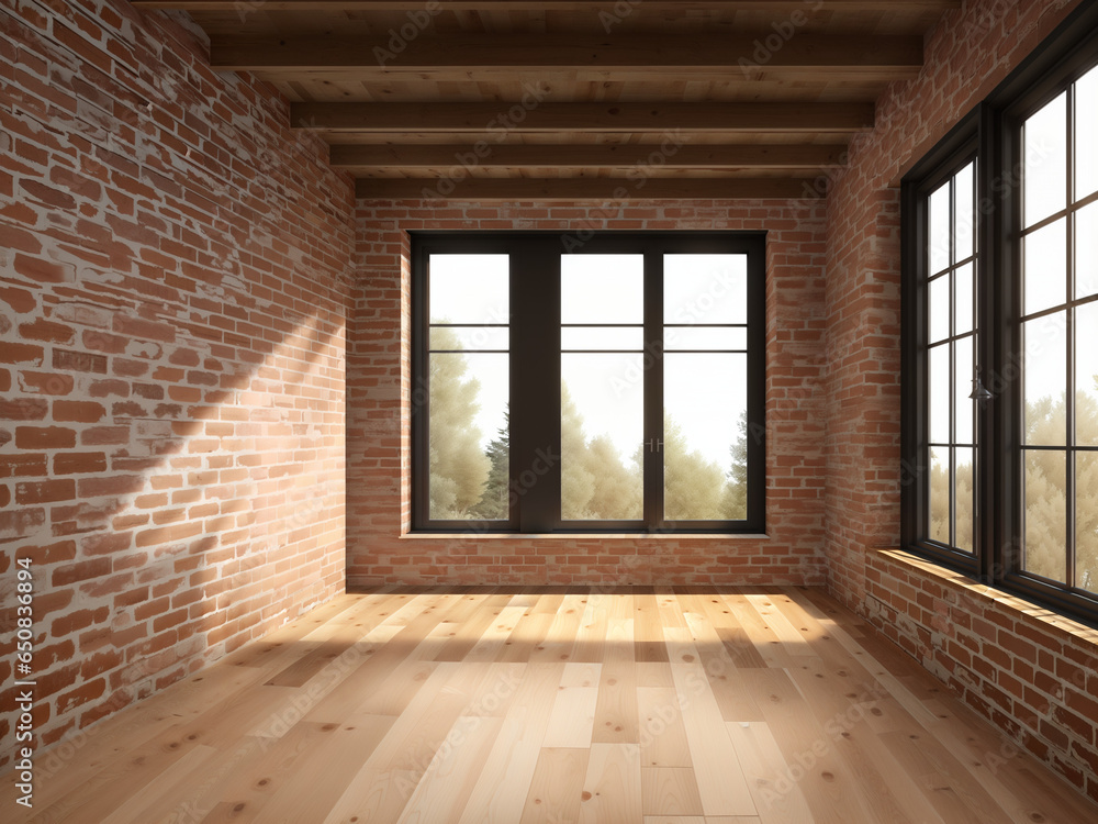 empty room with window and wood flooring and brick wall