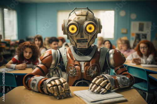 Robot retrofuturista en una escuela de un  photo
