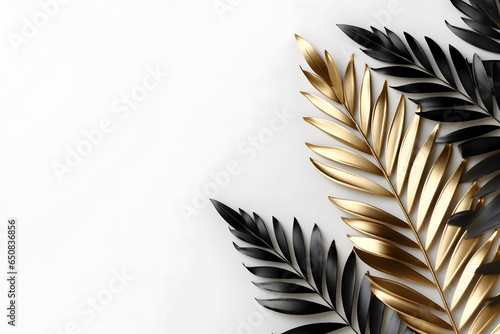 Gold and black flat lay tropical palm leaf branches on white background