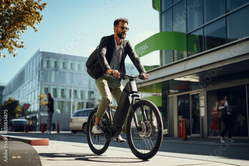 Hombre blanco montado en bicicleta eléctrica en una ciudad con luz de día (mediodía) photo