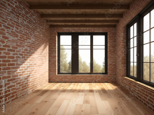 empty room with window and wood flooring and brick wall photo