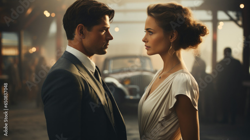 Hombre y mujer vestidos con elegantes traje gris y vestido blanco mirándose intensamente a los ojos. Estilo años 20, con un elegante coche antiguo de fondo.  photo