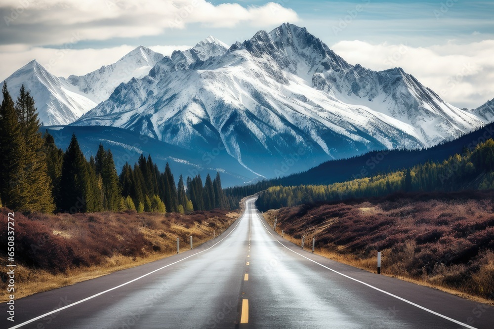 Fototapeta premium A Realistic View of a Scenic Road Leading Toward Majestic Snowy Mountains
