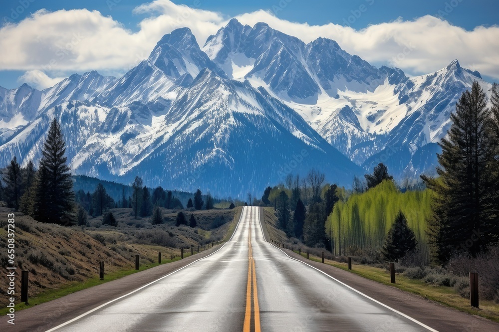 A Realistic View of a Scenic Road Leading Toward Majestic Snowy Mountains A Realistic View of a Scenic Road Leading Toward Majestic Snowy Mountains