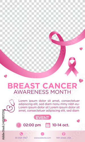 cartel plantilla del Día Internacional de lucha contra el Cáncer de mama, con listón rosa, marco para fotografía