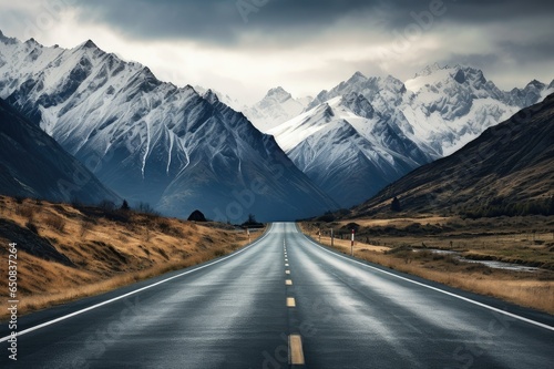 A Realistic View of a Scenic Road Leading Toward Majestic Snowy Mountains