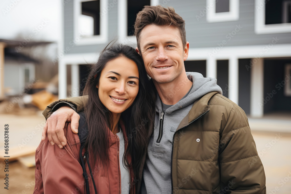 Happy multiethnic couple chooses and buys a house