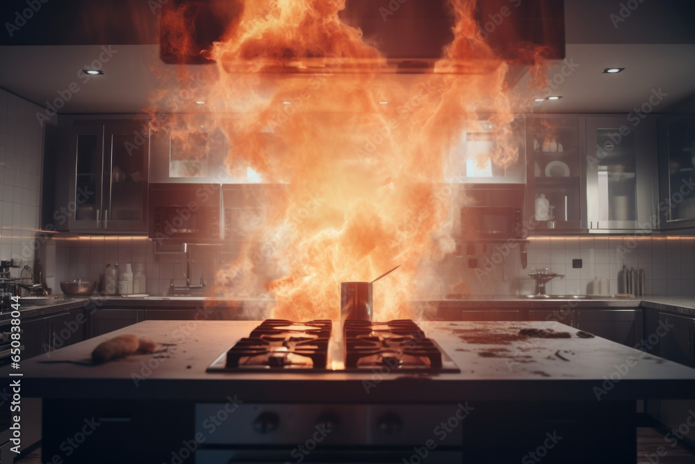 Cocina de un hogar en llamas - obrazy, fototapety, plakaty 