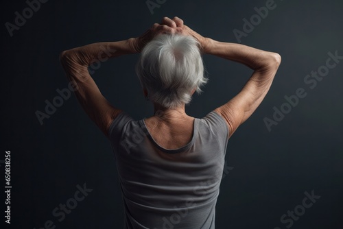 Senior grey-haired woman does yoga standing backwards looking away with arms up. Rear view senior woman showing back, posing on black background