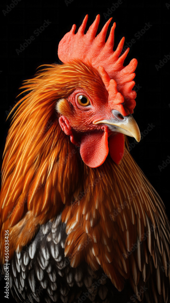A majestic rooster on a captivating black backdrop