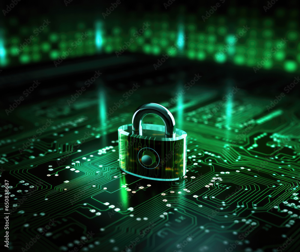Concepto ciberseguridad, candado verde sobre elementos tecnológicos en verde Concepto ciberseguridad, candado verde sobre elementos tecnológicos en verde