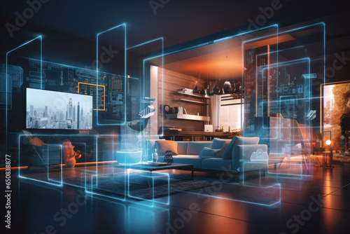Un salón moderno en una casa inteligente con interfaces holográficas y tecnología avanzada centrada en la ciberseguridad y la automatización del hogar.
