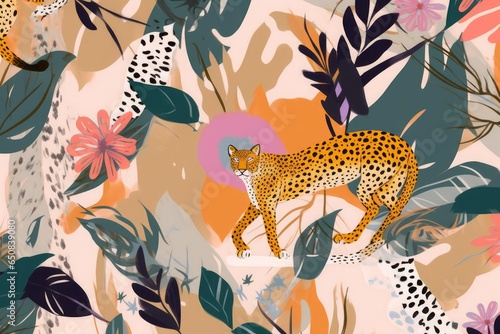Hand drawn abstract floral pattern with leopards. Creative collage contemporary seamless pattern. Natural colors. Fashionable template for design, Generative AI 