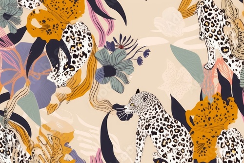 Hand drawn abstract floral pattern with leopards. Creative collage contemporary seamless pattern. Natural colors. Fashionable template for design, Generative AI 
