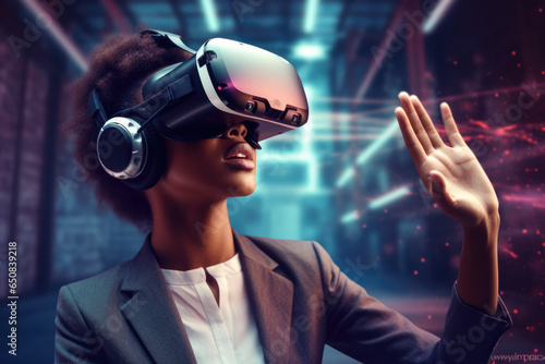 Mujer joven negra con pelo afro con gafas de realidad virtual o realidad aumentada, en un entorno futurista. photo