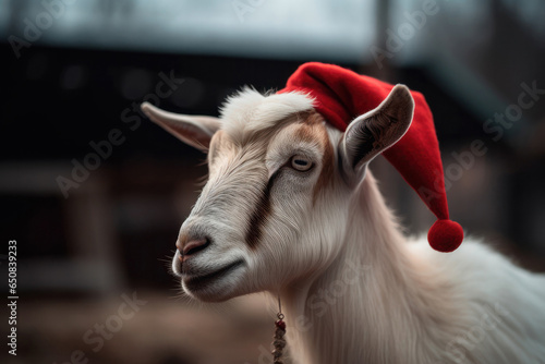 white goat in Santa hat. GOAT in Christmas hat looks at place for text. Symbol of the year. chinese horoscope. Calendar. New year 2024. Holiday december, Christmas, Happy New Year