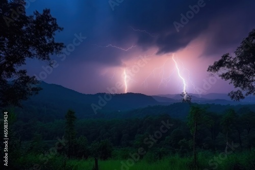 Lightning thunderstorm flash over the night sky in rainforest. Concept of tropic weather, cataclysms (hurricane, Typhoon, tornado, storm).Electrical storm on the amazon rainforest