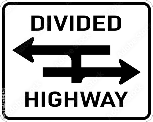 Vector graphic of a usa Divided Highway Intersection MUTCD highway sign. It consists of the wording Divided Highway and a schematic of the road layout contained in a white rectangle