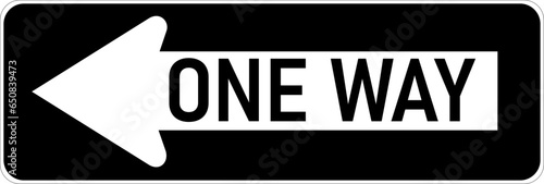 Vector graphic of a usa One Way MUTCD highway sign. It consists of the wording One Way within a left pointing arrow contained in a white rectangle
