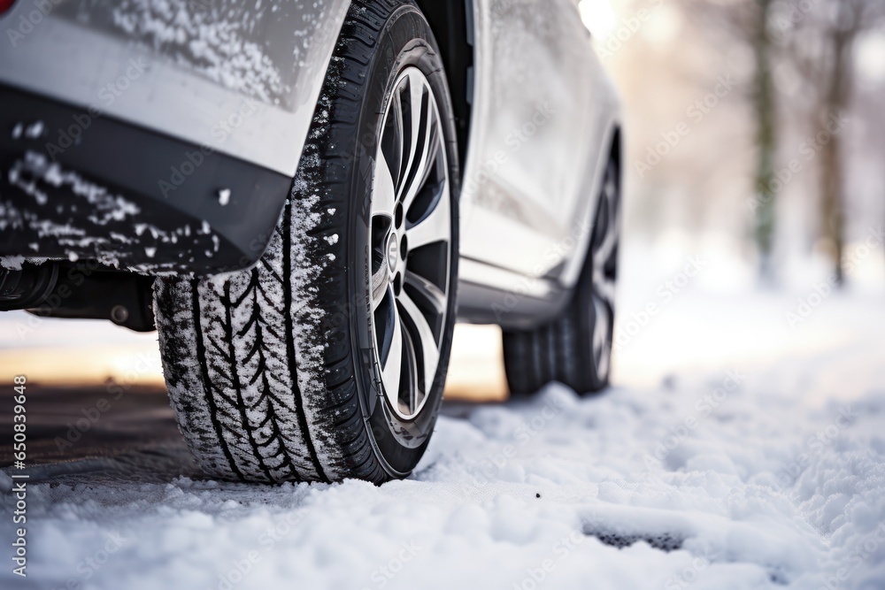 Winter tire close-up. Detail of car tires in winter on the road covered with snow. Winter traveling by car.