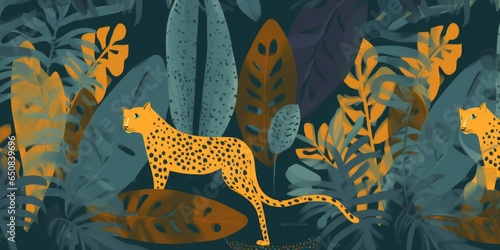 Modern hand drawn abstract jungle pattern with leopards. Ethnic style collage contemporary seamless pattern. Fashionable template for design, Generative AI 