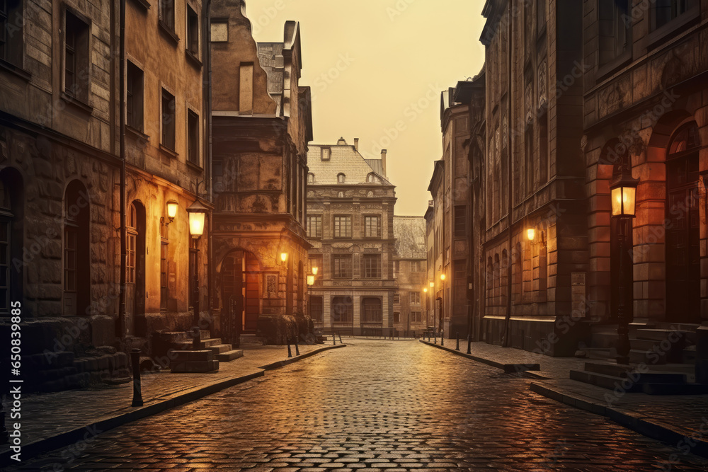 Historical cityscape with cobblestone streets