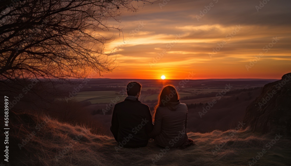 Photo of two people enjoying a beautiful sunset from a hilltop location